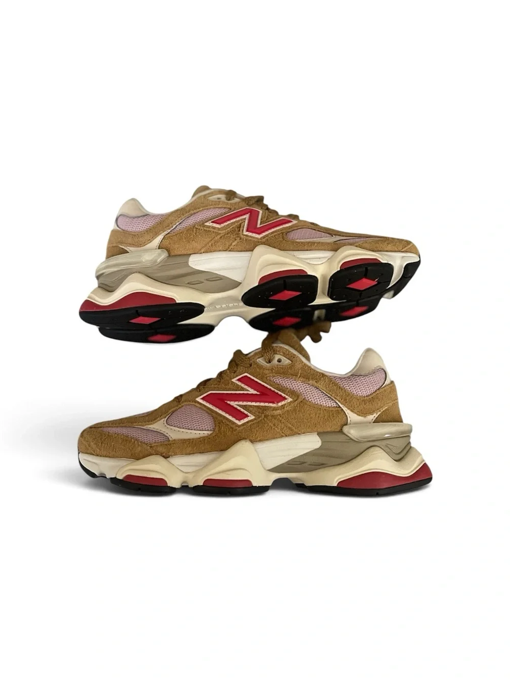 New Balance 9060 Women's Tan & Pink Retro Runner with Red Logo